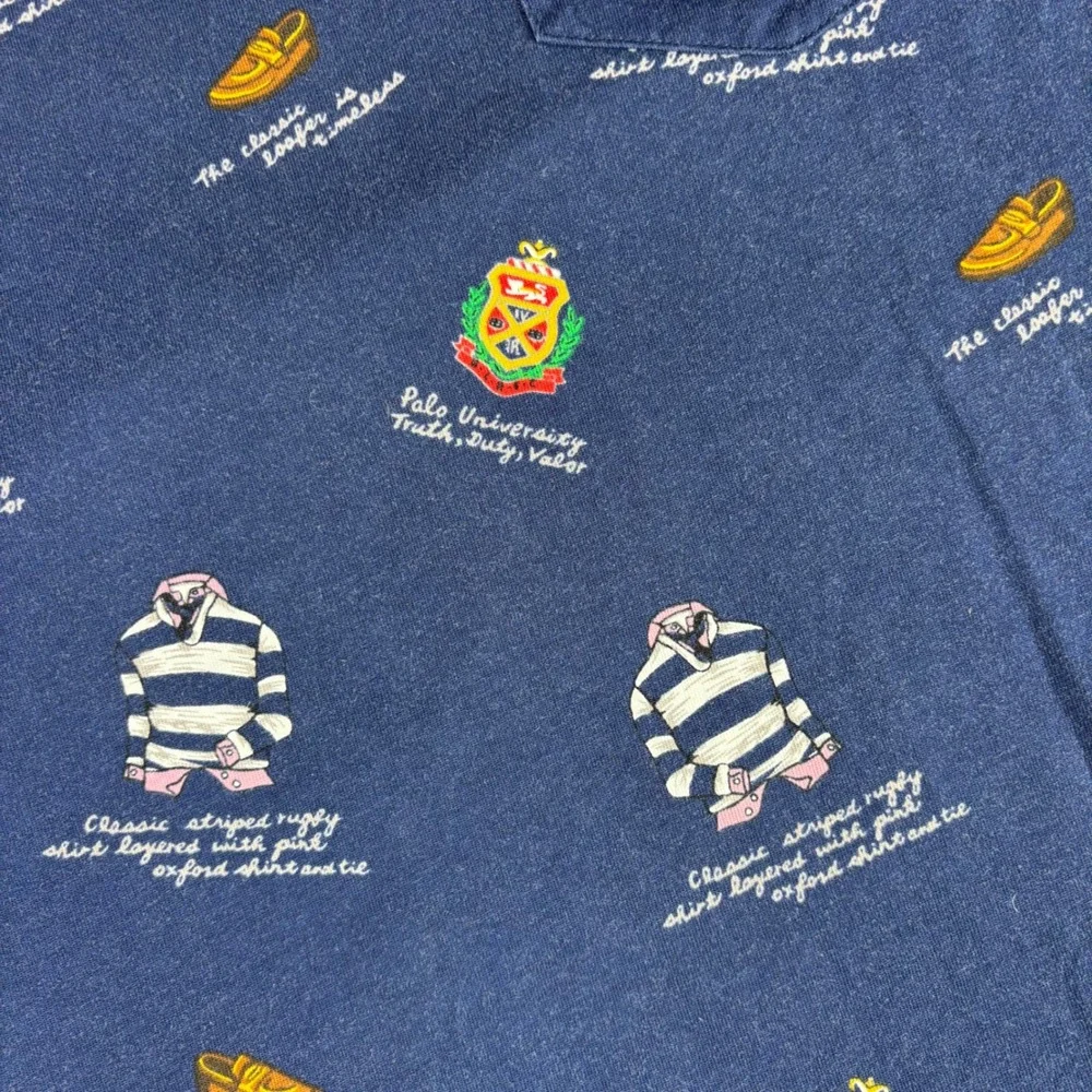 Polo Ralph Lauren T-Shirt Mens XL Navy Blue AOP Rugby Custom Slim Fit Pocket